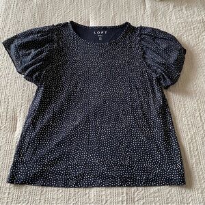Loft Linen Polka Dot Navy Short Sleeve Top Puff Sleeves Small NWOT Madewell
